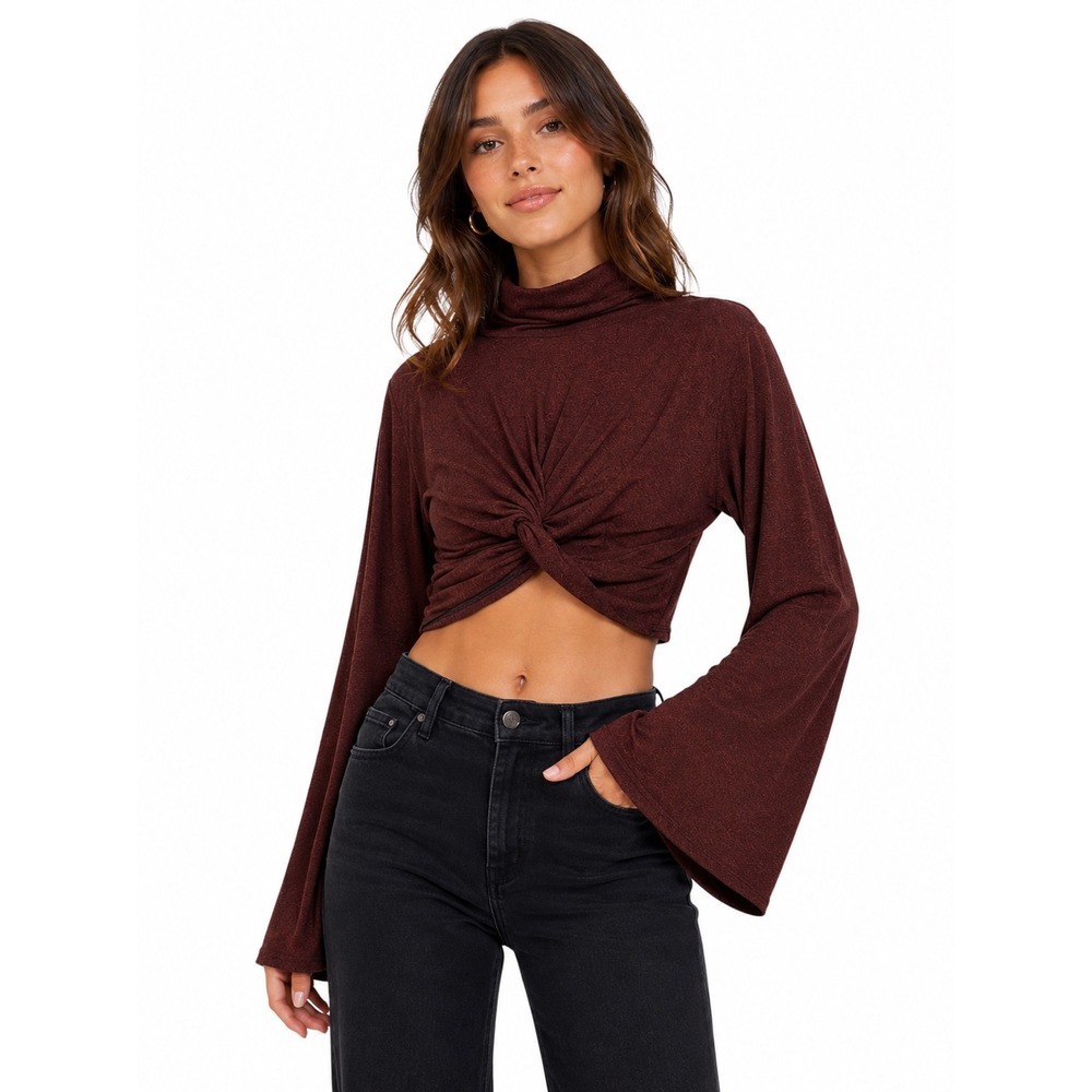 Earthbound Trading Co Twist Front Bell Sleeve Mock Neck Crop Top M Festival Boho